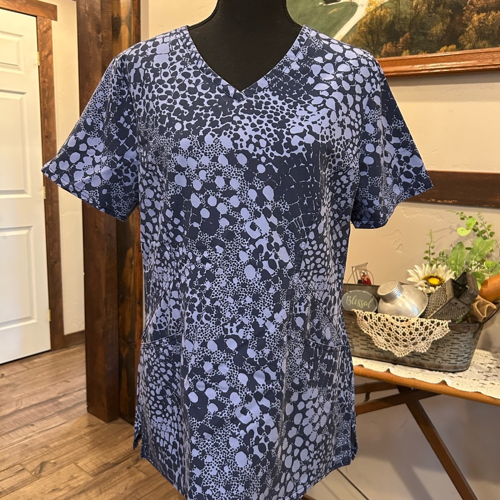 Blue and White Scrub Top with Watercolor Design